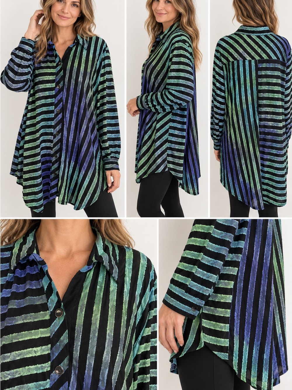 Calessa Womens XL Striped Tunic Button Front Blue Green Purple Lagenlook Artsy